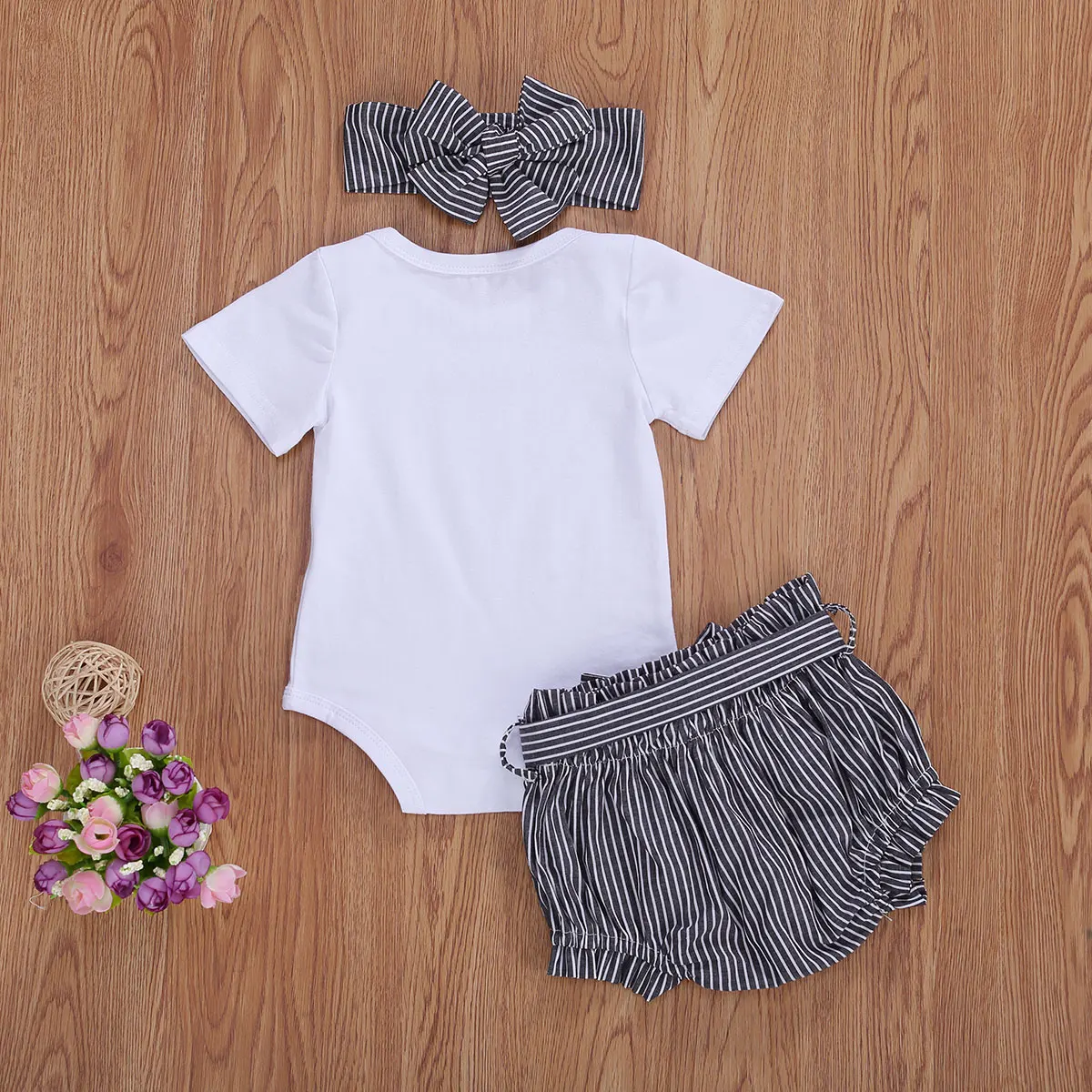 

3pcs Newest Summer Toddler Infant Baby Girl Cotton Casual Outfits Set Letter Bodysuit+Stripe Shorts+Headband Cute Baby Clothes