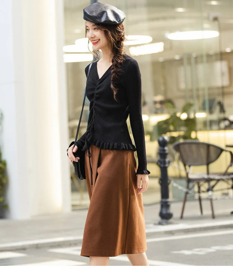 INMAN Winter Elegant Solid Color V Neck Drawstring Flower Swing Women Pullover Sweater