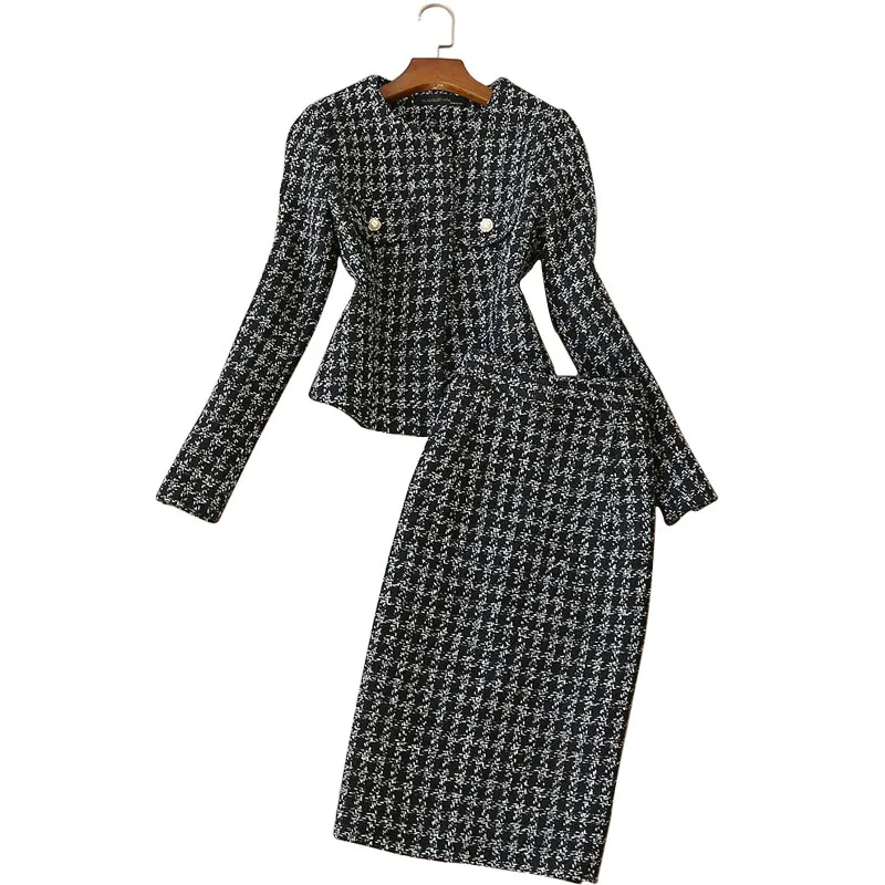 

Зимние высококачественные женские комплекты с юбкой, новинка 2022, повседневный облегающий короткий Дамский жакет в клетку, юбка с высокой та...