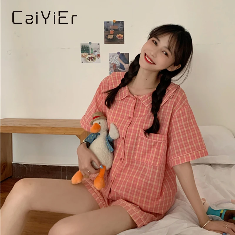 

CAIYIER Korea Grid Women Pajamas Suit Summer New Cute 2Pieces of Pajama Shorts+short Sleeve Shirt Doll Collar Sleepwear Homewear