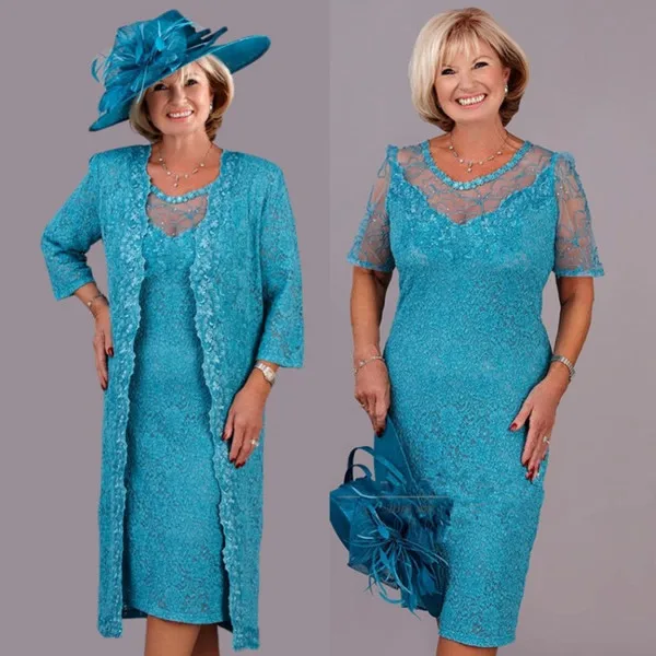 

Turquoise Lace Mother of the Bride Dresses 2021 with Wrap Plus Size Tea Length Wedding Party Gowns Vestidos De Novia Madrinha