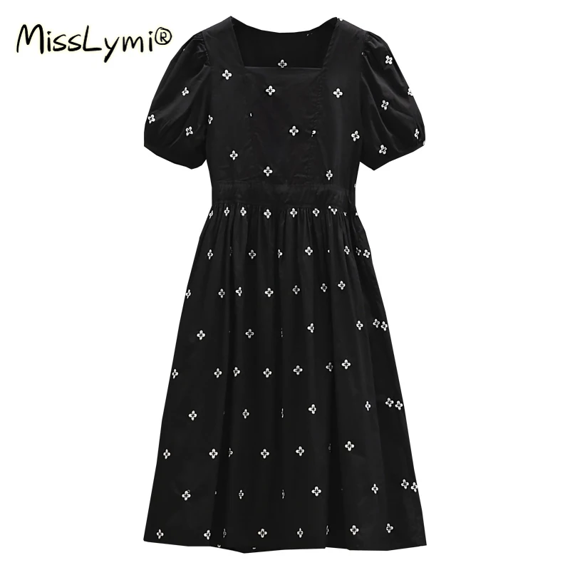 

4XL Plus Size Women French Vintage Flower Embroidery Cotton Dress Summer 2021 Square Collar Puff Sleeve Sweet White Midi Dresses