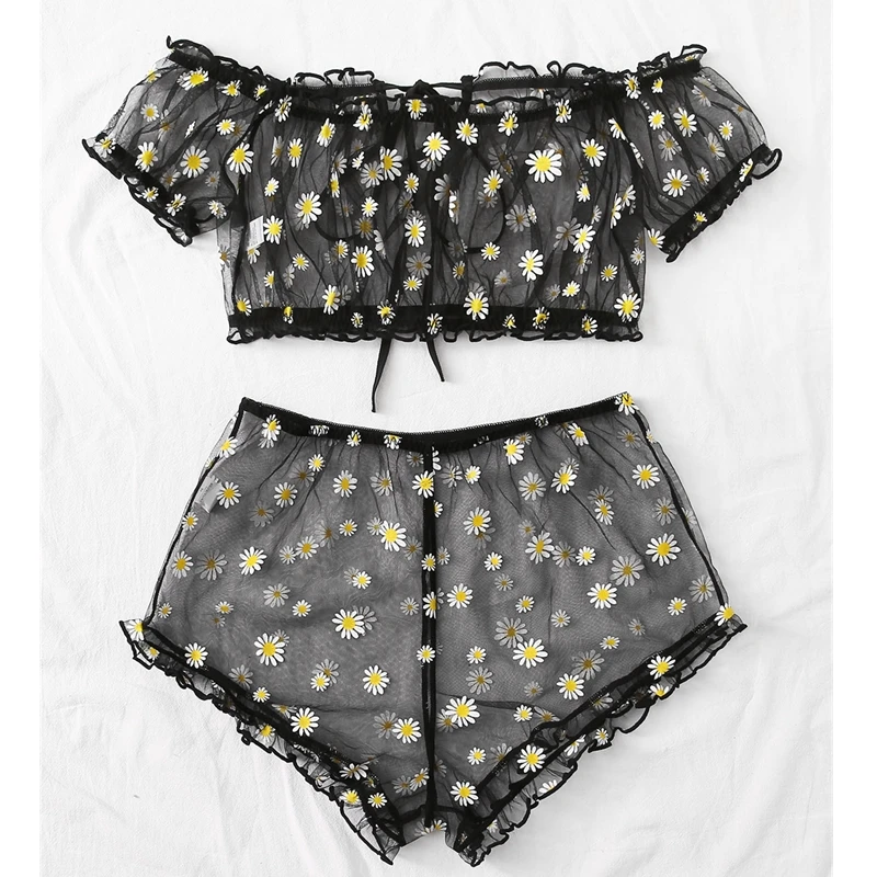 

Sweet Sexy Floral Off Shoulder 2Pcs Sets See Through Lingerie Women Transparent Tops Shorts Panties Babydoll Sleepwear