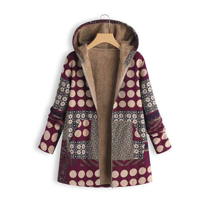 

Women Winter Warm Outwear Floral Print Long Sleeve Hooded Coats Vintage Fluffy Fleece Zipper Coat Loose Female Pocket Jacket
