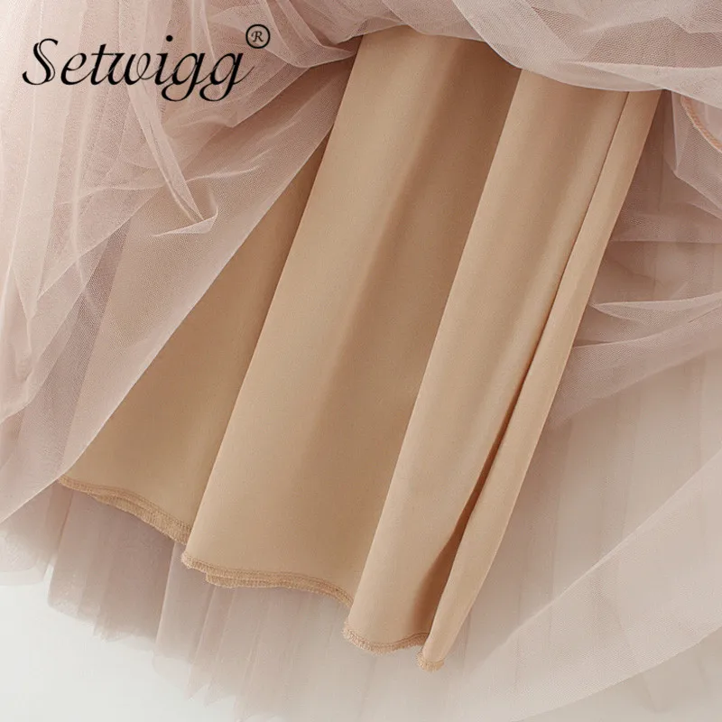 

SETWIGG 2018 Spring Layered Tulle A-line Long Pleated Skirts Elastic Waist Band Sweet Mesh Calf Ankle Long Pleated Skirts 85cm