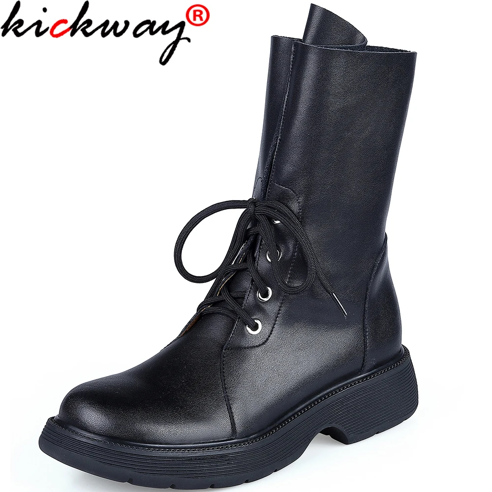 

kickway Fashion 2021 Autumn Winter Women Ankle Boots Lace-Up Casual Low Heels Round Toe Shoes Woman Genuine Leather New Arrival