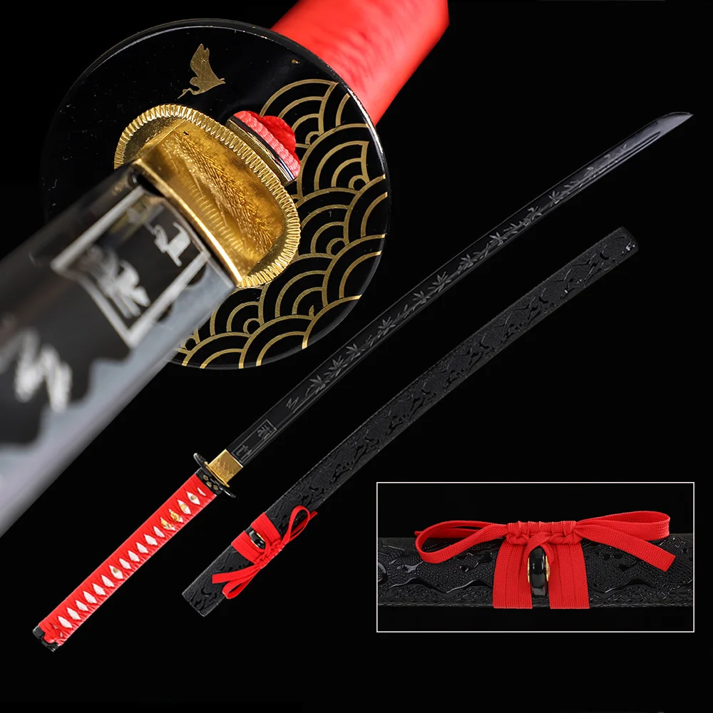 

Handforged Japanese Katanas 1045 carbon Steel Full Tang Engraved Bamboo-Decorative Swords-Wooden Sheath Wrapped Leather