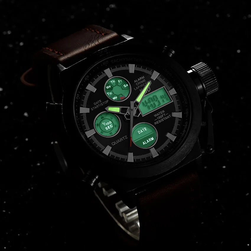 Часы наручные мужские кварцевые аналоговые со светодиодный ным дисплеем - купить
