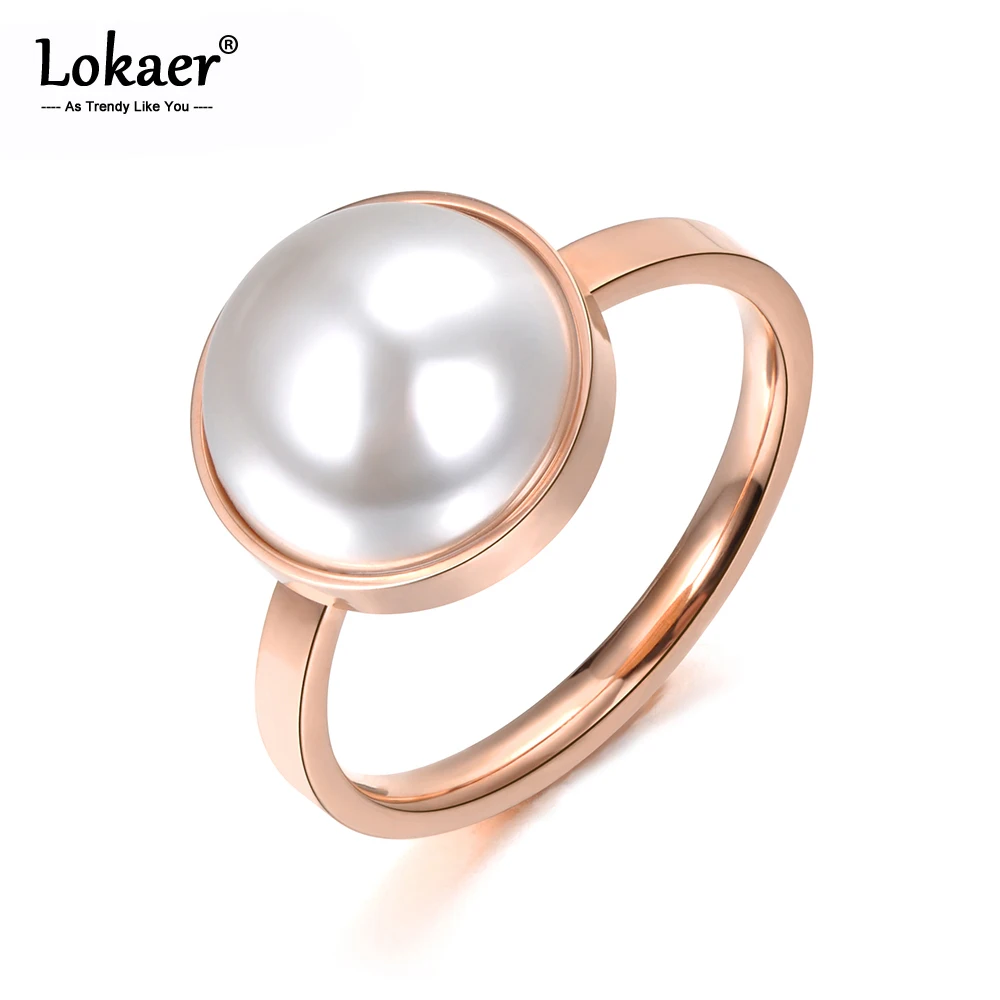 Lokaer, офисный стиль, 316L, нержавеющая сталь, обручальное кольцо, имитация жемчуга, половинный шар, дизайн, ювелирное изделие для женщин, леди, подарок, R18044