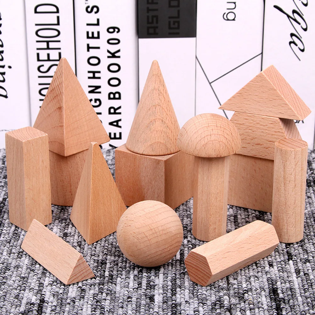 

15pcs Teaching Montessori Cognitive Educational Toy Geometry Solids Miniature Wooden Building Blocks For Kids Gift Preschool
