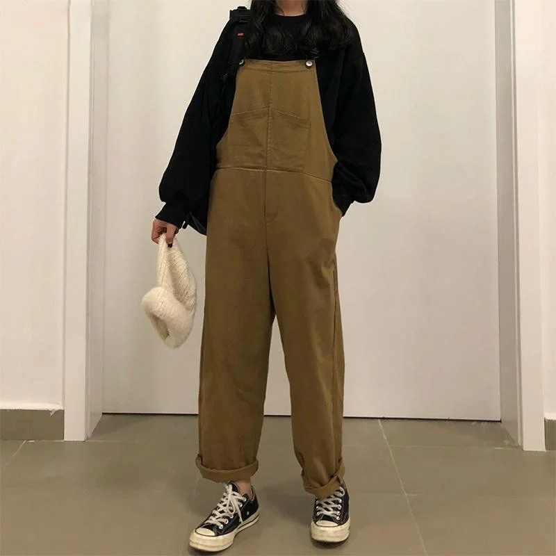 

Jumpsuits Women Solid Chic Retro Cargo Denim Overall Jumpsuit Preppy Ulzzang Leisure All-match Baggy Slouchy Suspender Trouser