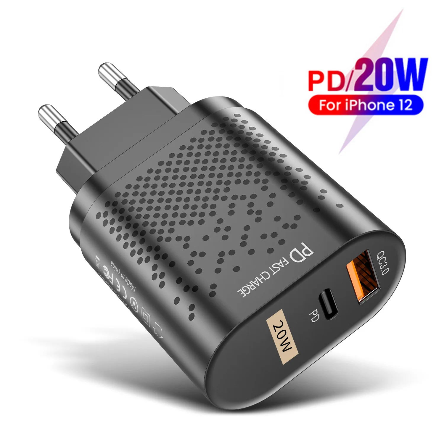 

QC3.0 PD 20w Fast Charger for Apple Android USB A Type C Dual-port US European British Standard Charging Head