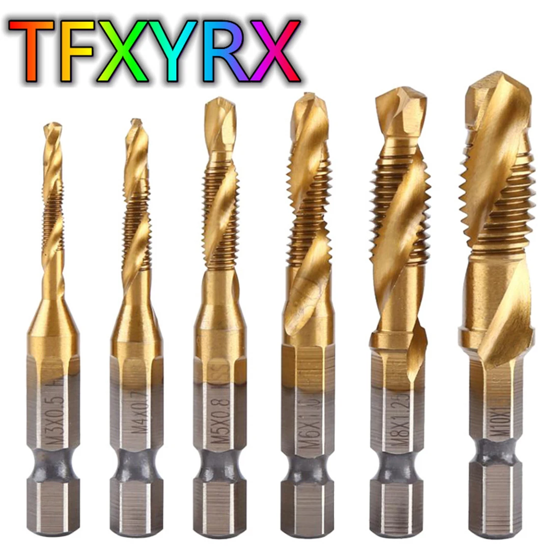 

6pcs Hex Shank HSS Titanium Plated Spiral Tap Drill Screw Thread Metric Tap Drill Bits M3 M4 M5 M6 M8 M10 Hand Tools