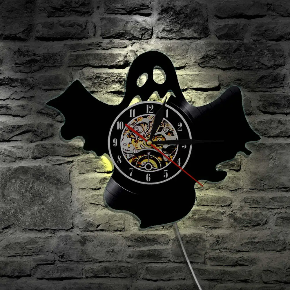 

Funny Halloween Ghost Vinyl Record Wall Clock Multi-Color Changing Wall Light Phantom Graveyard Zombie Apocalypse Undead Watch