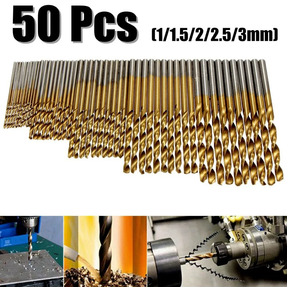 

Hot Selling 50Pcs Titanium Coated Drill Bits HSS High Speed Steel Drill Bits Set Tool High Quality Power Tools 1/1.5/2/2.5/3mm
