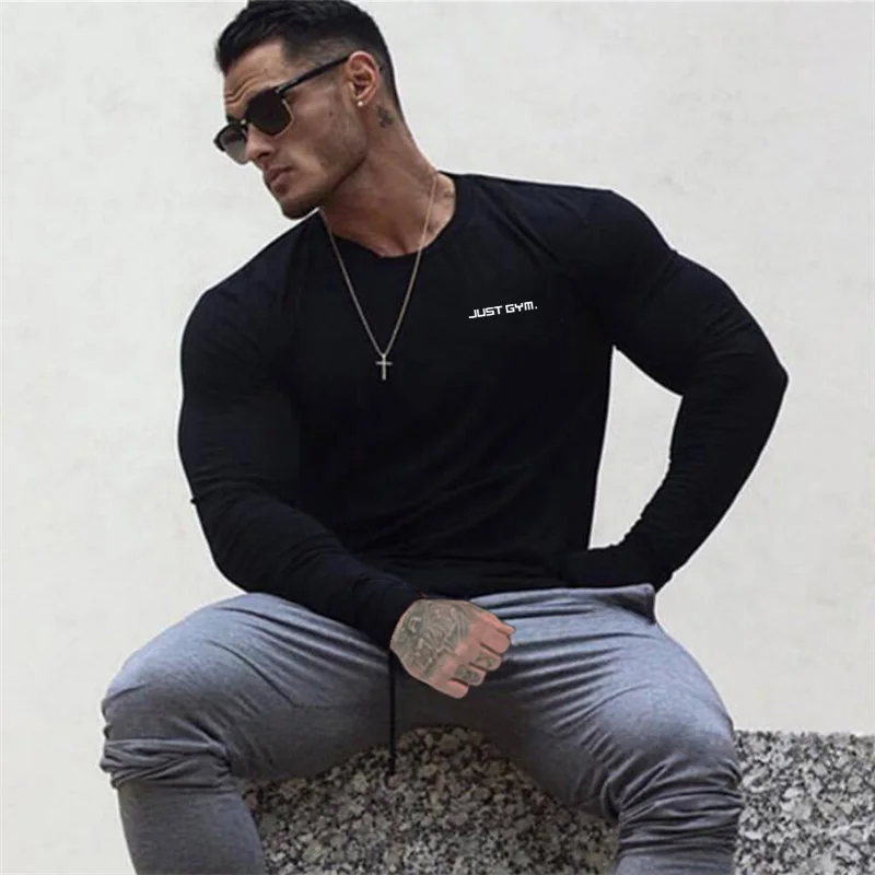 Muscleguys Bodybuilding long sleeve T-shirt men brand clothing casual Letters print T shirt male tops stretch o neck Tshirt | Мужская