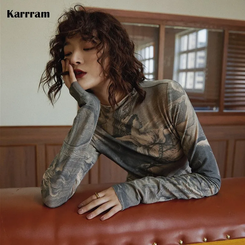 Karrram Renaissance Print Vintage Top Turtleneck Long Sleeve Blouse Women Spandex Bodycon Blouse Ladies Tops Clothes