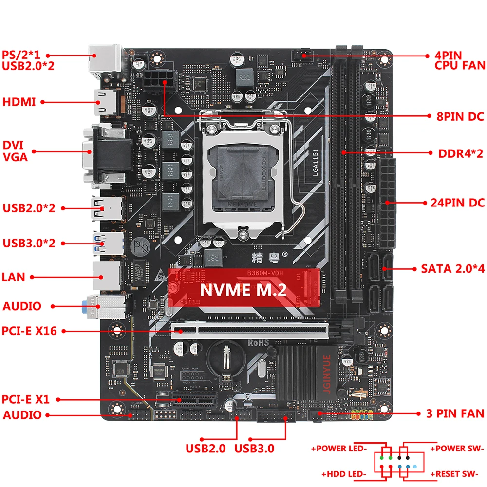 Verkaufen JGINYUE B360 Motherboard LGA 1151 Set Kit Mit Intel Pentium G4900 Prozessor 8GB(2*4GB)DDR4 Speicher M.2 NVME MATX B360M-VDH
