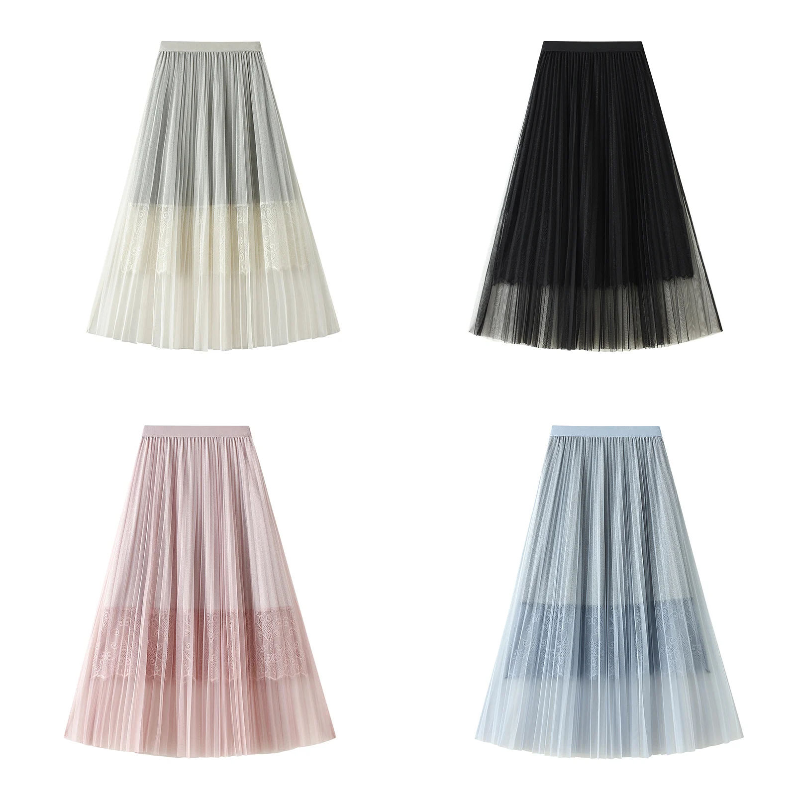 

Women Pleated Midi Tulle Skirts Girls Casual Elastic High Waist Solid Color 2 Layer A-Line Tutu Skirt One Size