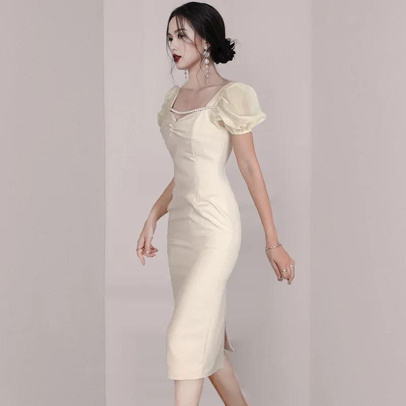 

Elegant Pearls Square Collar Puff Sleeve Evening Dress Simple High Waist Slim Solid Color Dress Homecoming Party Gown