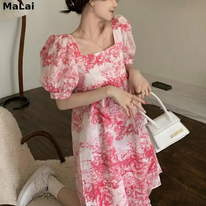 2021 Summer Elegant Floral Dress Evening Party Female Kawaii Women Casual One Piece Dress Korean Short Sleeve Vingate Mini Dress