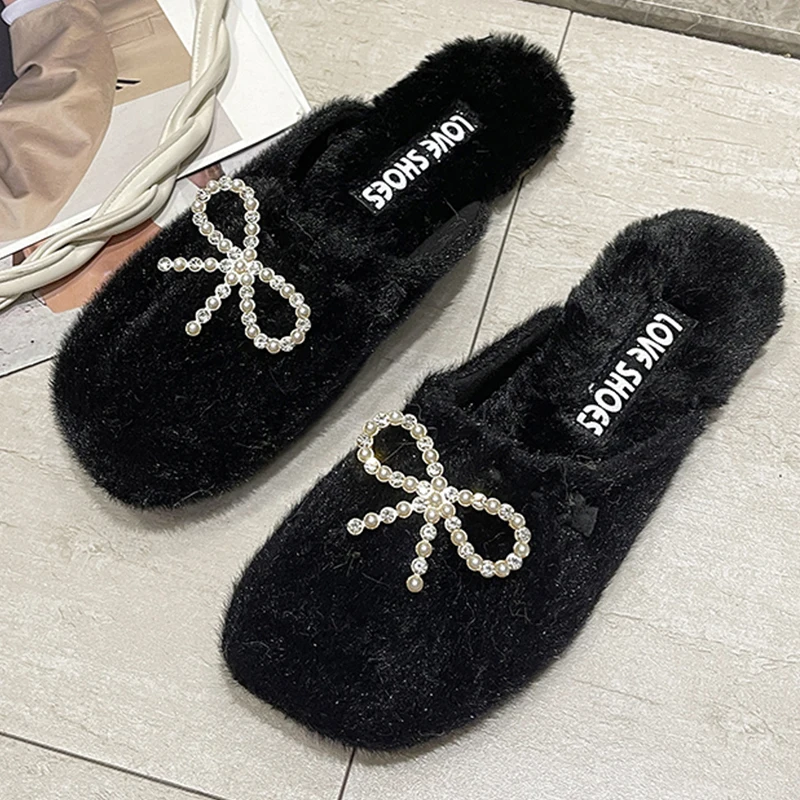 

Women Mules Home Cotton Shoes Winter Furry Slippers Female Butterfly-Knot Flip Flops Plush Slides Ladies House Slippers Shoes