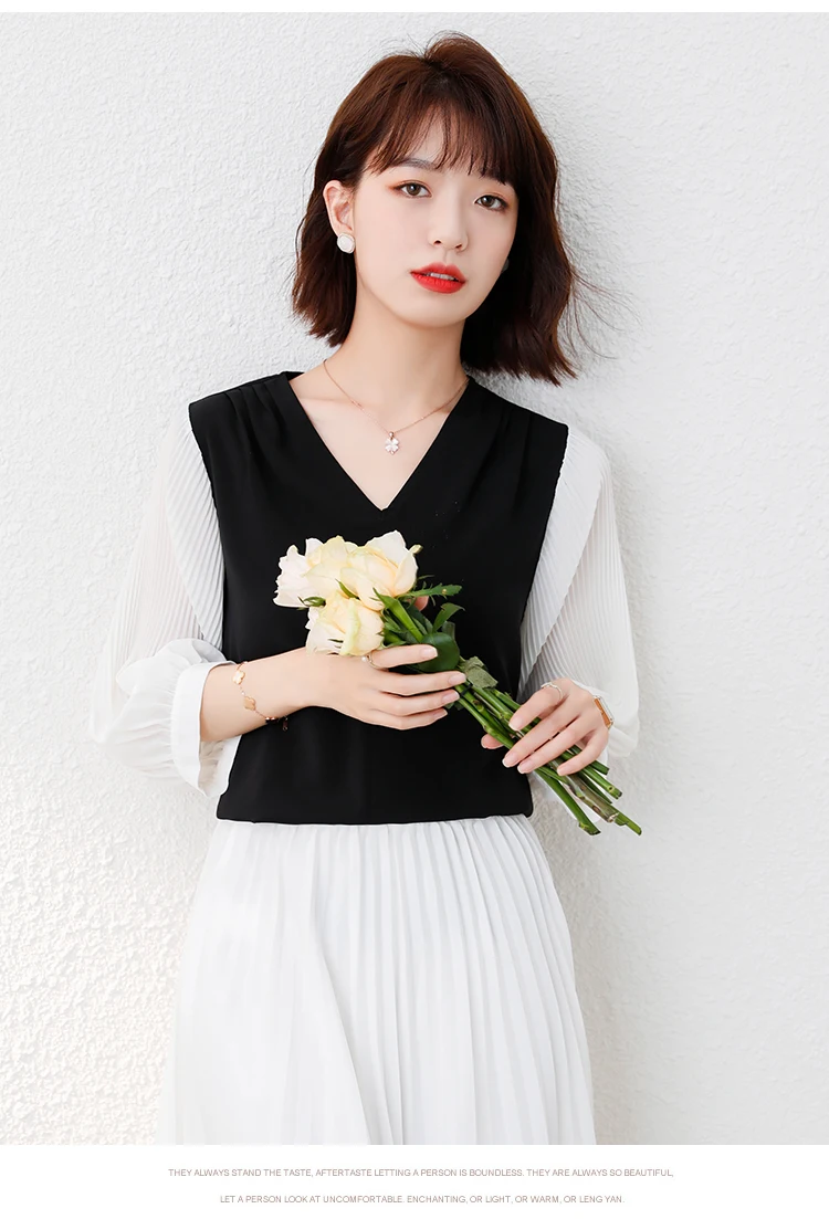 

Chiffon Slim Women's Blouse New Casual Shirt Fashion Blouses V-neck Summer Tops Splicing Long Sleeve Shirts Houthion