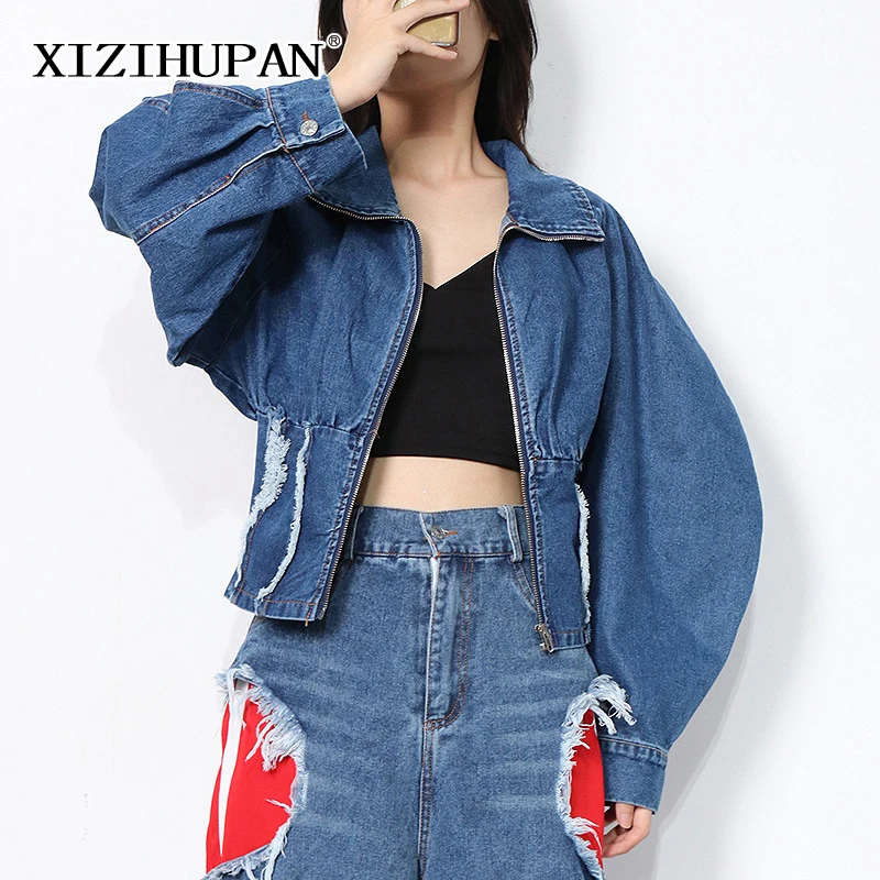 

XIZIHUPAN Blue Casual Zipper Denim Coat For Women Lapel Long Sleeve Patchwork Raw Hem Slim Jackets Female Autumn 2021 Clothing