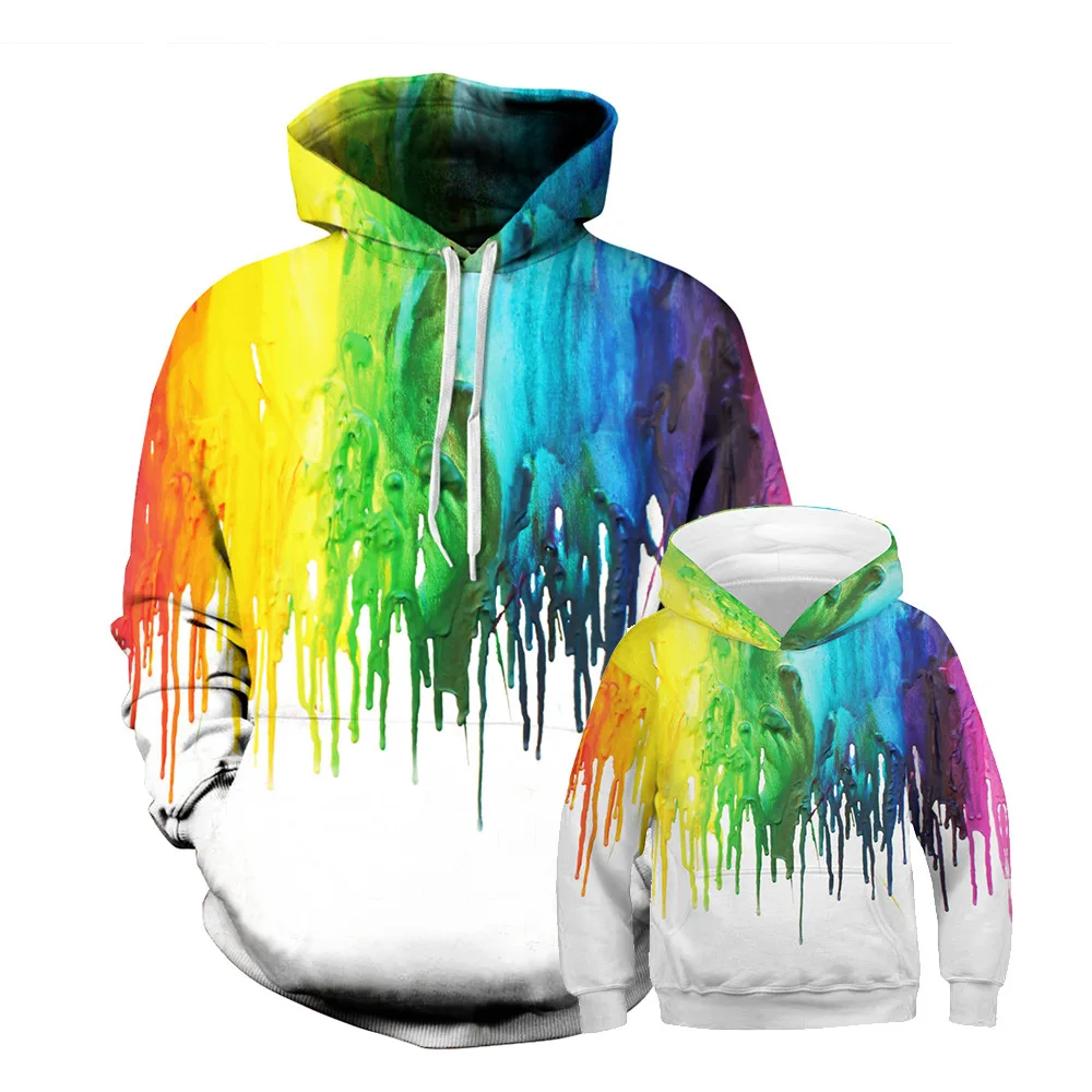 

Sweat Capuche Color Ink Art Digital Printing Family Look Father Son Loose Hooded Couple Sweater Pullover Kids Baseball Clothing