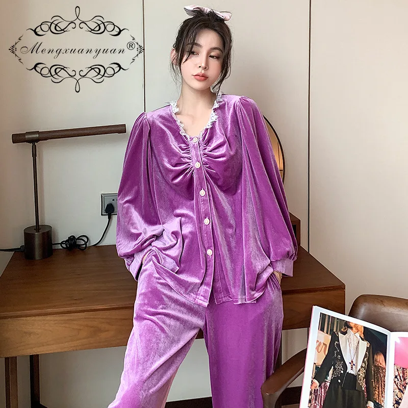 

2021 пижамы Женская Осенняя Корейская версия кружевная ночная рубашка однотонный Золотой бархатный костюм Кардиган Женская одежда для сна Домашняя одежда комплект из 2 предметов