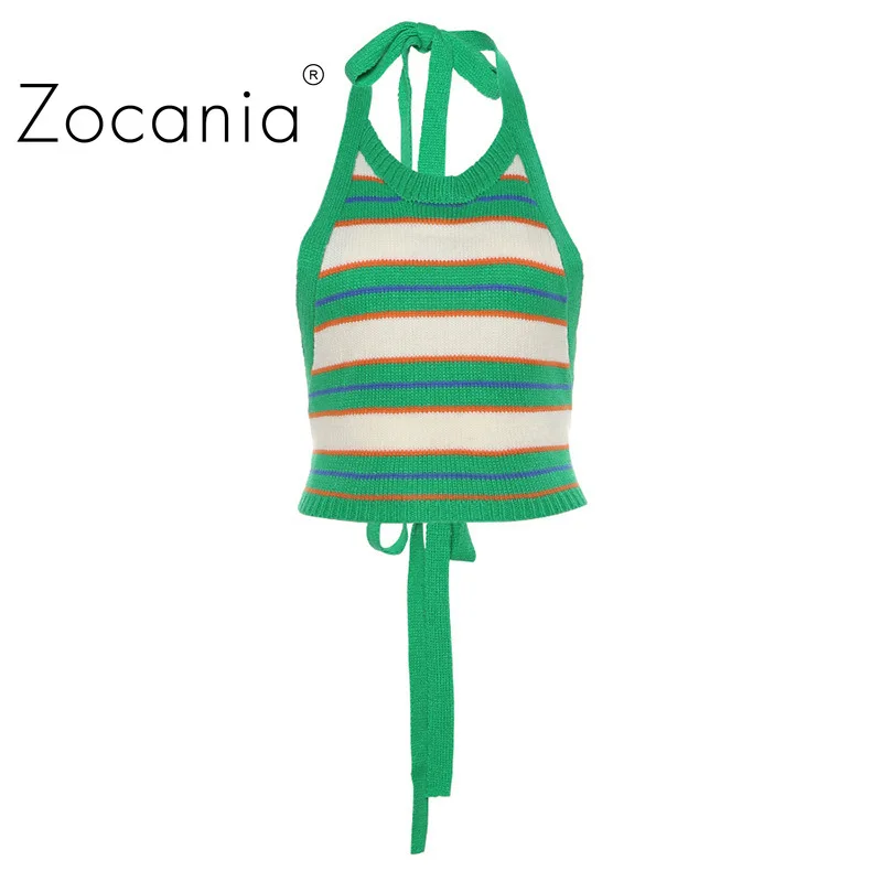 

Stripe Round Neck Top Women Sexy Backless Female's T-shirt Summer Bind Tops Girls 2021 Contrast Color Fashion Corset Top 2021