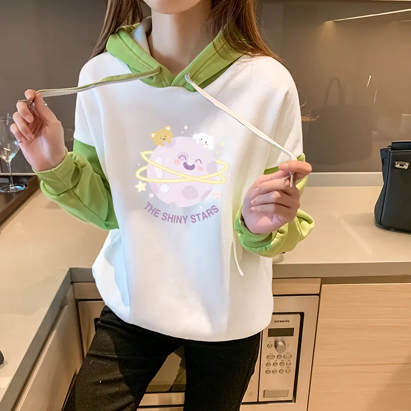 

Korean version of the new autumn and winter plus plush and thick color color matching hooded hoodie loose long sleeves coat