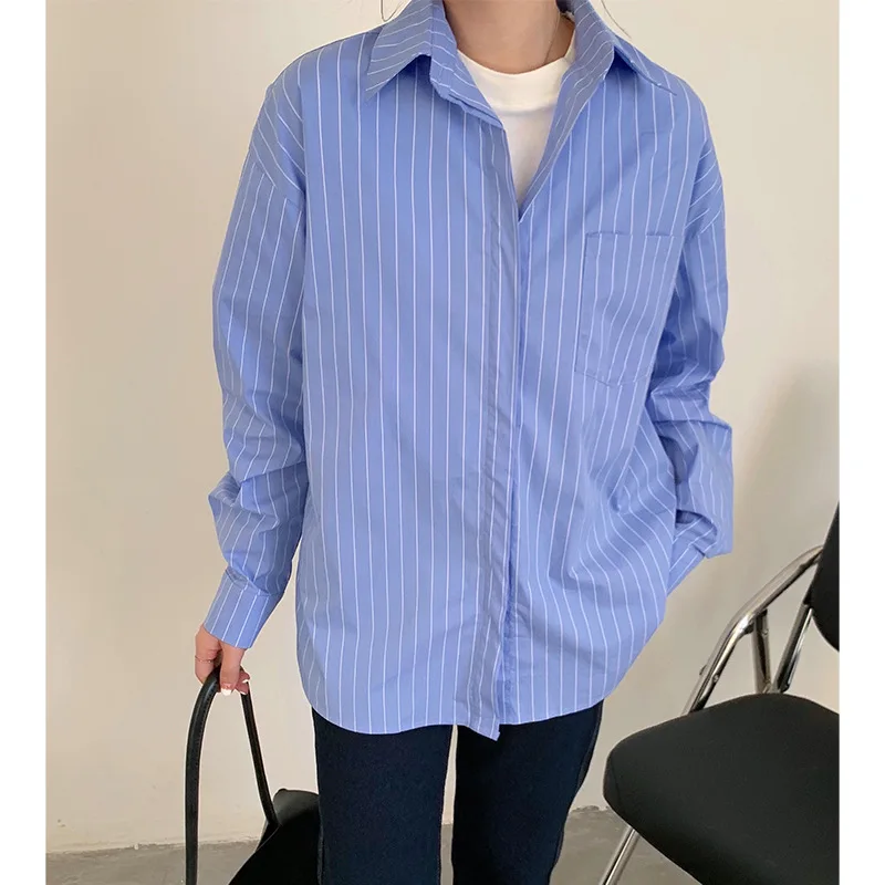 

TVVOVVIN Korean Simple Striped Shirt Women's 2021 Spring Korean New Loose Casual Long Sleeve Hidden Button Blouse Y7IX