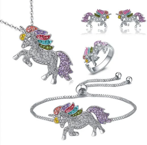 Silver Set 4 шт набор украшений в виде единорога, ожерелье, браслет, серьги, набор колец, цветные украшения в виде единорога - Окраска металла: Silver Set