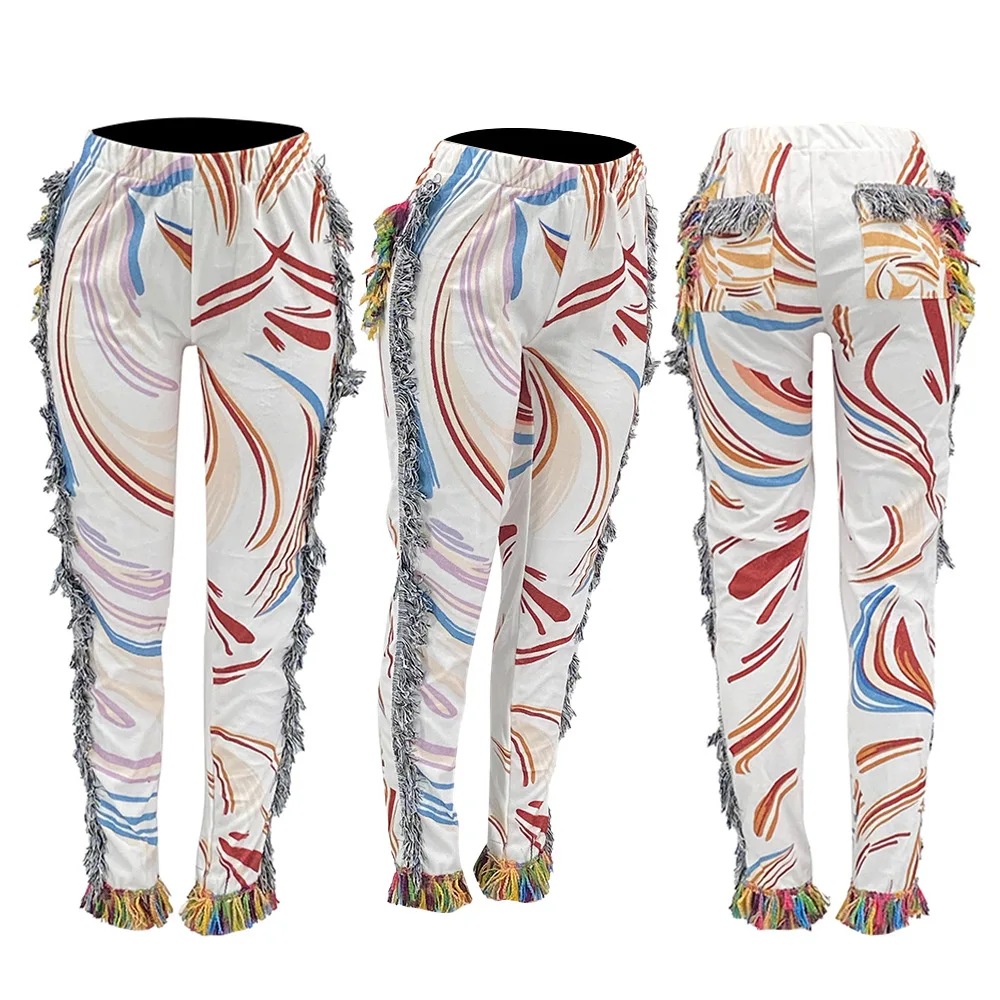 

Mdmupaogit Tassel Striped Print Jogger Pants Women Rave Festival Clothing Casual High Waist Cargo Bodycon Active Sweat Pants
