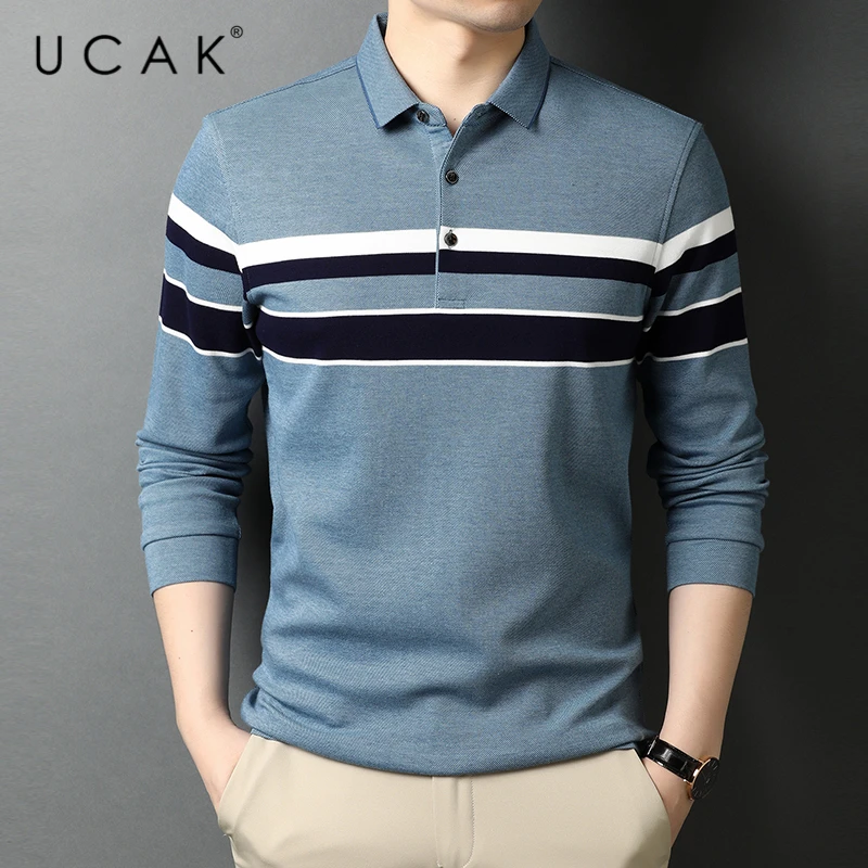 UCAK Brand Classic Long Sleeve Cotton T Shirt Homme Spring Autumn New Tops Streetwear Turn-Down Collar Tshirt Men Clothes U5661
