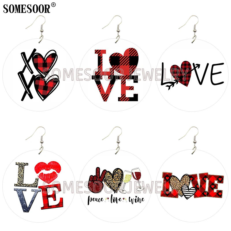 

SOMESOOR Jewelry Valentine's Day Love Tokens Wood Both Sides Printing Dangle Drop Cute Fashion Earrrings For Women Gifts