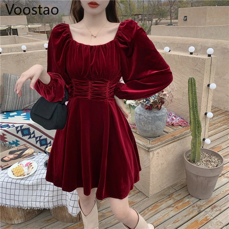

French Vintage Velvet Dress Spring Autumn Women Elegant Square Collar Puff Sleeve Slim Party Dresses Gothic Female Chic Vestidos