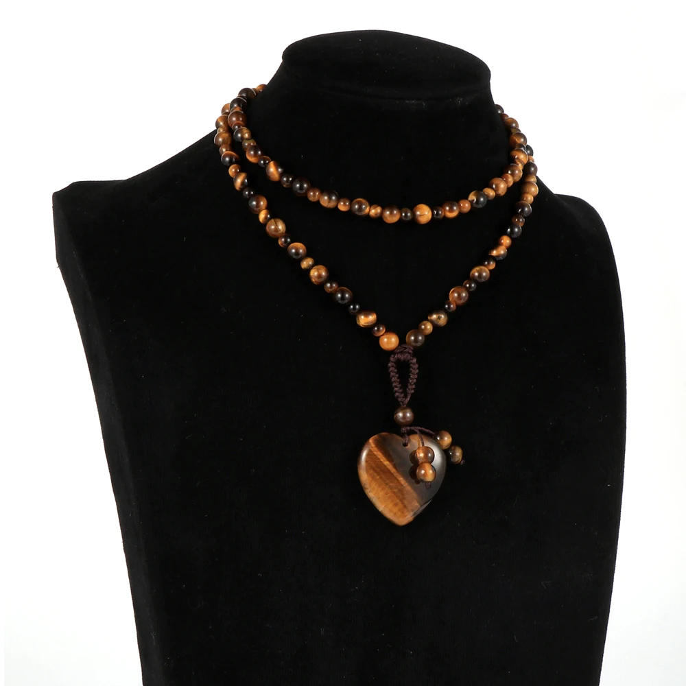 

Natural Gem Stone Love Heart Pendant Necklace Unisex Men Women 25" Stand India Onyx Tiger Eye Stone Beads Long Sweater Necklace