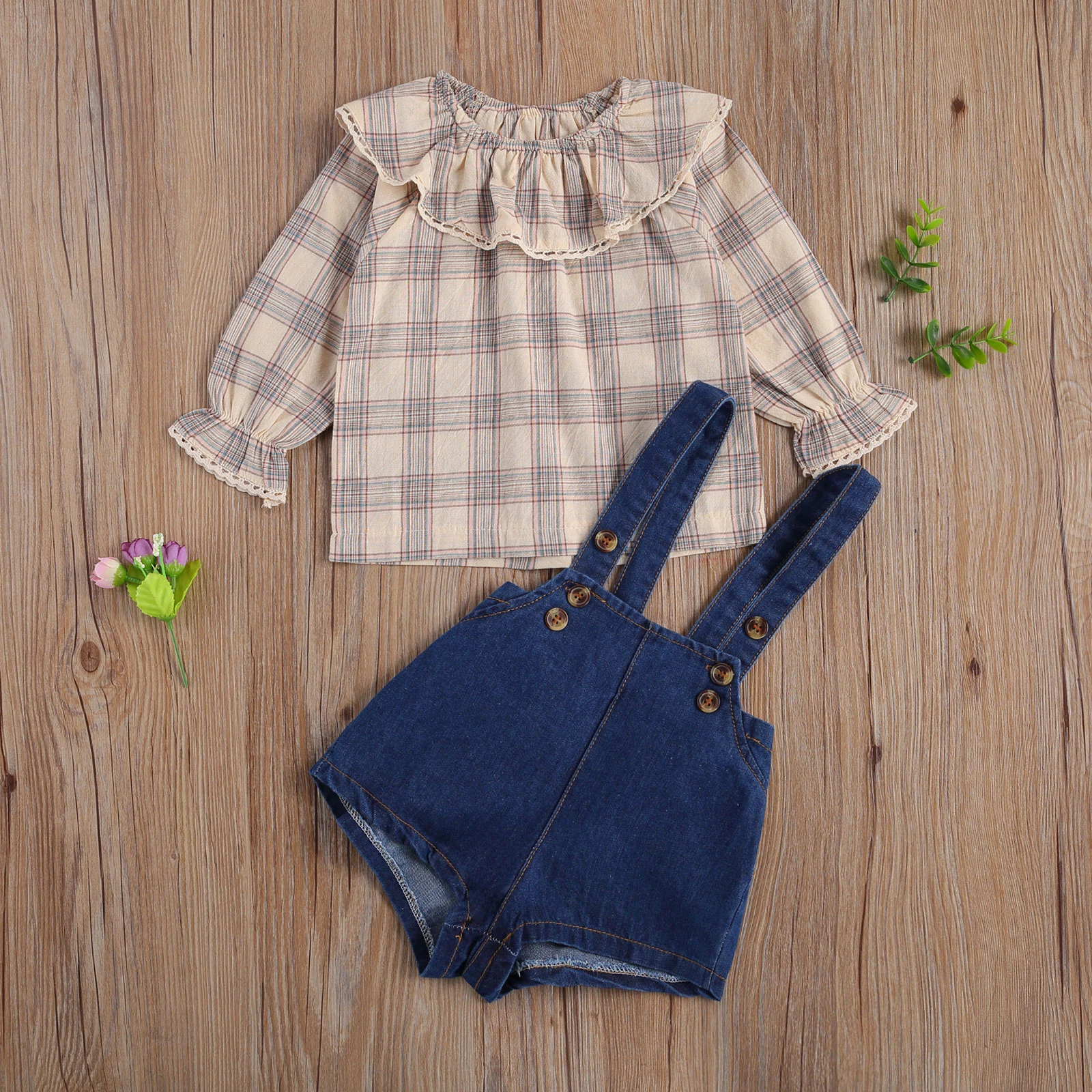 

20202 0-24M Korea style Baby Girl Clothing Lace Ruffle Collar Plaid/Floral Print Flare Long Sleeve Blouse+Solid Denim Overalls