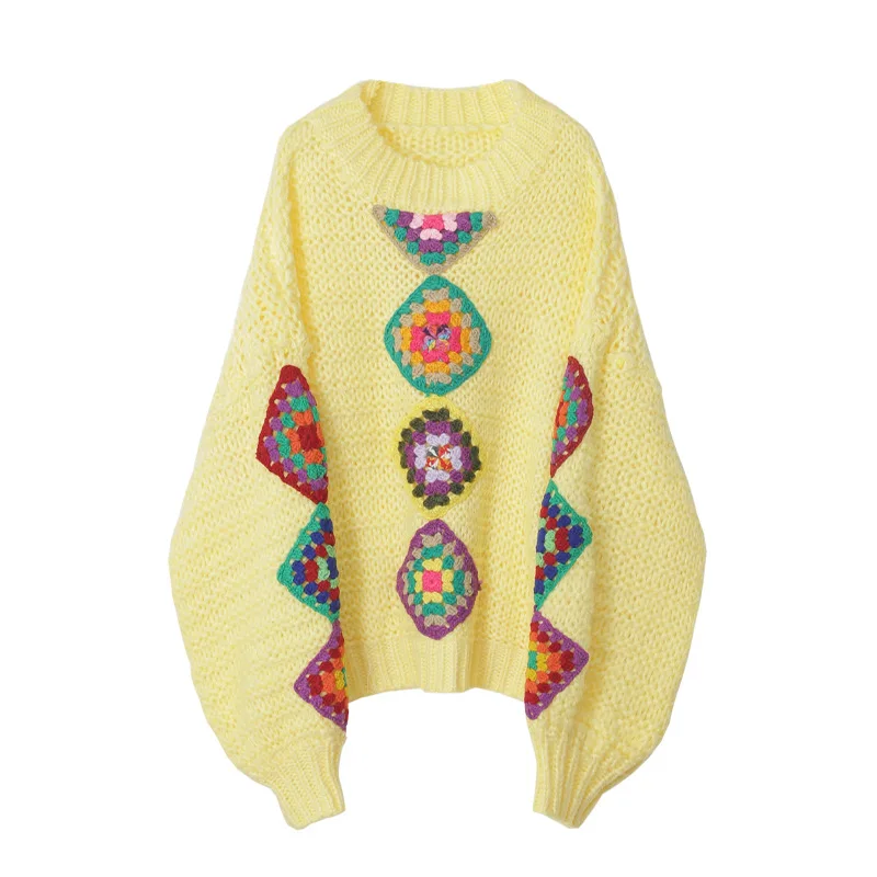 

Female Sweater Women's Three-Dimensional Fall / Winter Handmade Hook Flower National Style Thick Loose Lazy Pullover O-Neck Top