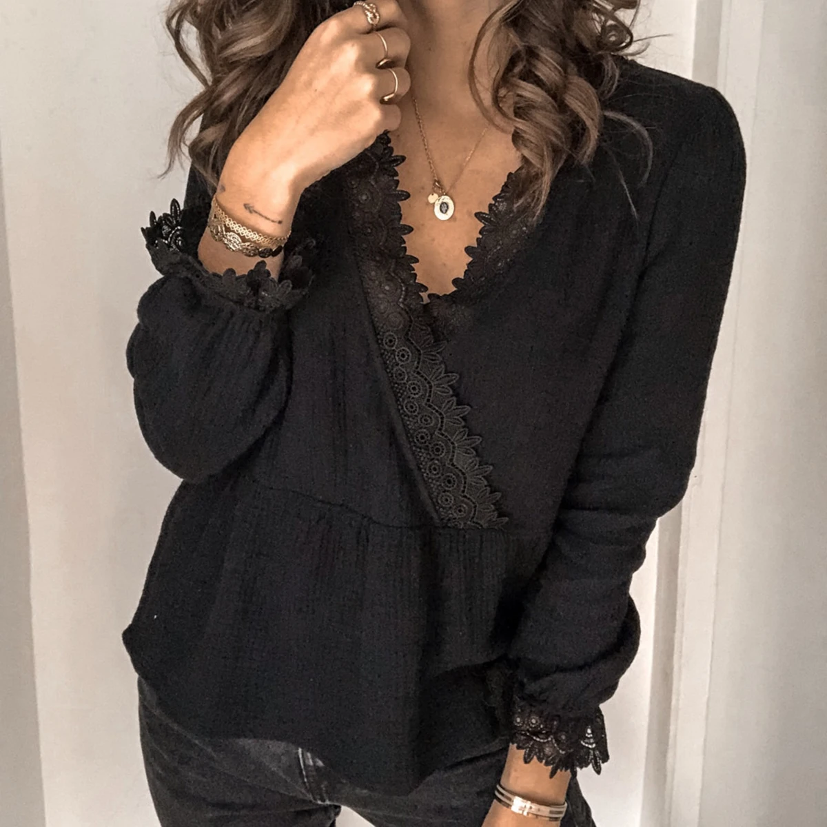 Hirigin Fashion Women T-shirts Lace Cross V Neck Long Sleeve Tops Female Casual Loose Streetwear Plus Size | Женская одежда