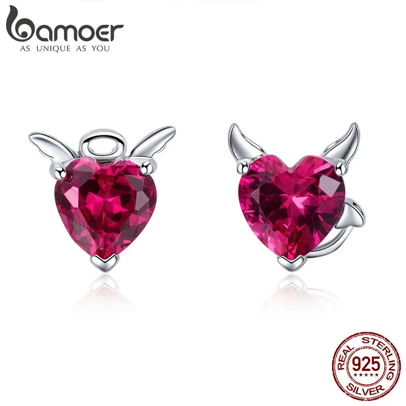 BAMOER, модные, 925 пробы, серебряные, ангел и дьявол, розовые, CZ, сердце, серьги-гвоздики для женщин, Стерлинговое Серебро, ювелирное изделие, SCE414