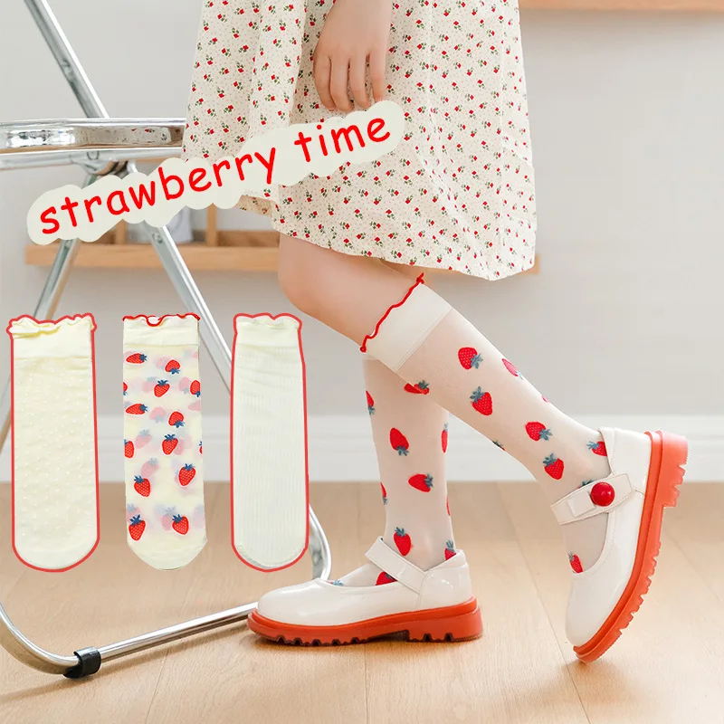 

Girls Socks Kids Strawberry Dot Lace Ankle Socks Mesh Translucent Socks Matching Leather Shoes Sneakers 1-12 Years Children
