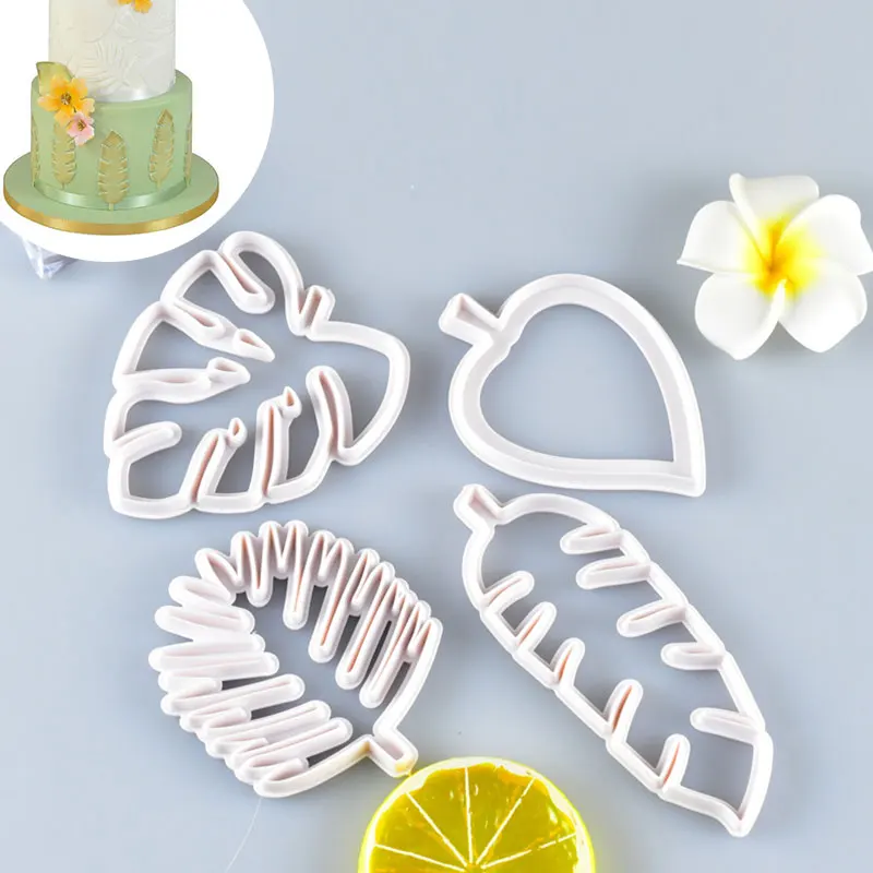 

4Pcs/Set Tropical Leaves Mold Reusable Cake Decoration DIY Baking Tool White Kitchen Cutter Molds Plastic 3D Handmade Mould