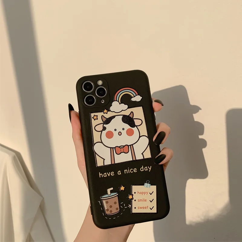 

Japanese kawaii sweet Bubble tea cow Phone Case For iPhone 12 11 Pro Max X XR XS Max 7 8 Plus 12 mini 7Plus case cute Soft Cover