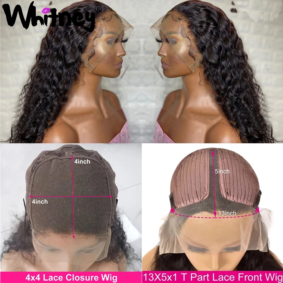

30 Inch Water Wave Human Hair Lace Wig Brazilian Remy Hair Deep Curly HD T-Part Transparent Lace Front Wigs For Women Whitney