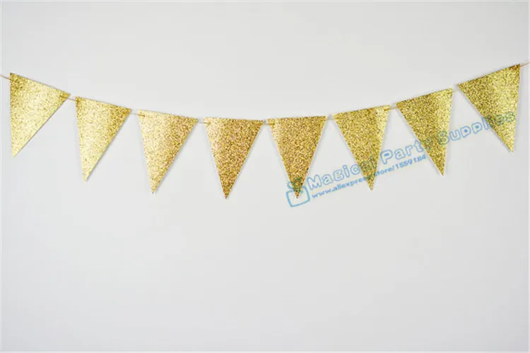 Бесплатная доставка 10 комплектов золотые блестящие Треугольные флаги