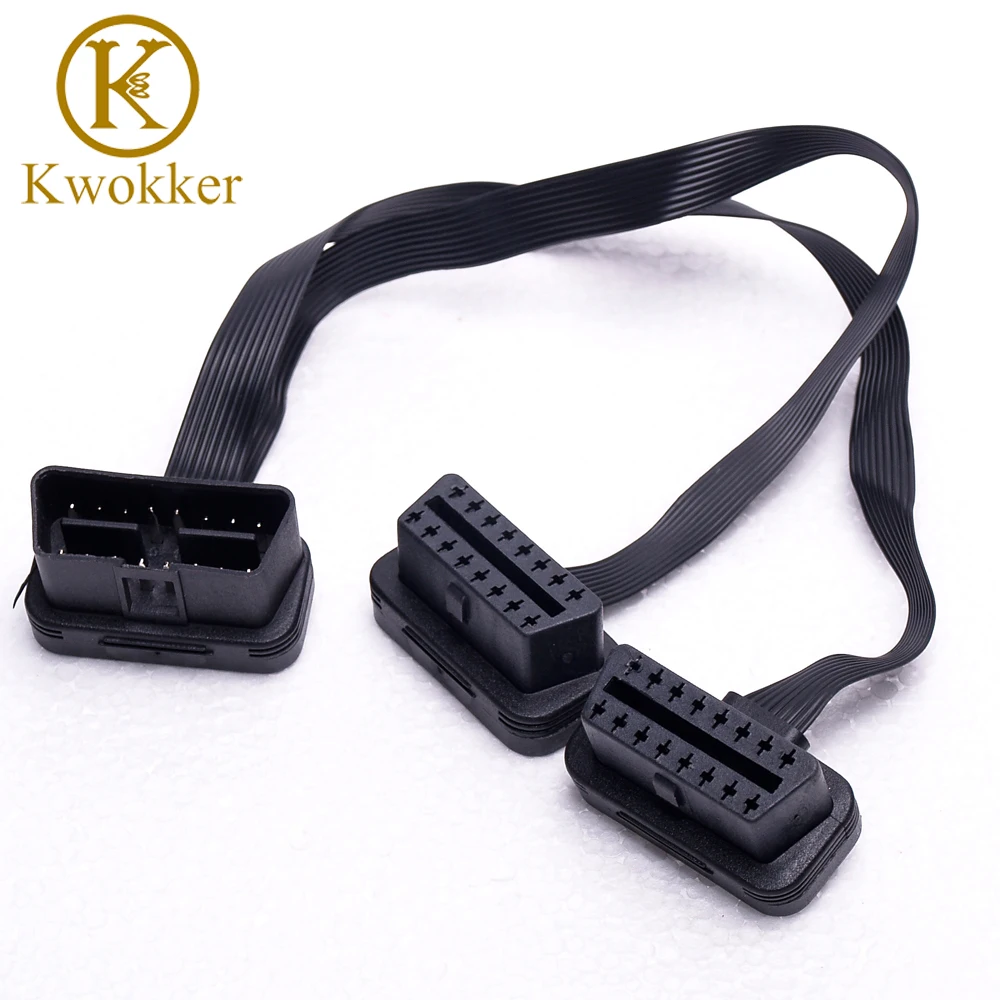 

KWOKKKER Flat+Thin As Noodle OBDII OBD 2 OBD2 16 Pin ELM327 Male To Dual Female Y Splitter Elbow Extension Connector Cable