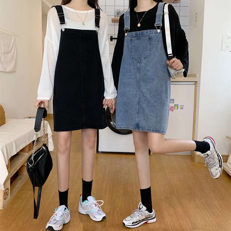 

Women Summer Clothing 2021 Short Denim Skirt with Straps Dress High Waist Jean Skirt Midi Casual Sundresses Korean Style Tanks